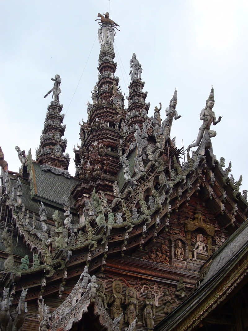 art and craft, meditation, demon - fictional character, ornate, nature, architecture, sculpture, no people, Buddhist Temple, entirely of wood, spire, the past
