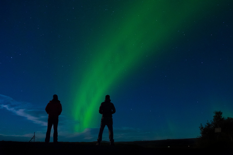lights, two, men, watching, dark, leisure activity, two people, rear view, unrecognizable person, space, green color, night, tree, beauty in nature, technology