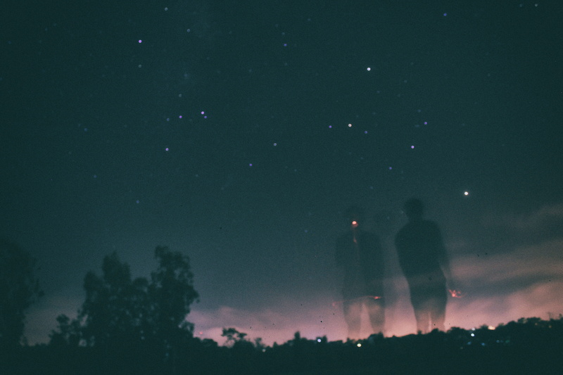 alone, illuminated, rear view, sky, standing, silhouette, outdoors, night, togetherness, clouds, men, two people, 5K, adult, star - space, tree, dark