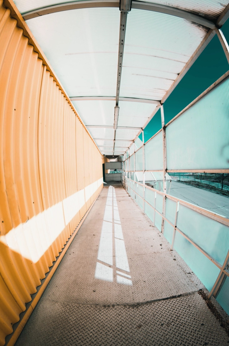 sunlight, built structure, tunnel, railing, long, absence, city, architecture, 1080P, footpath, transportation, lens, pathway, beige, corridor, metal