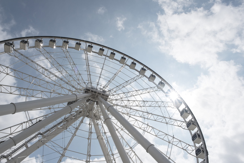 circle, outdoors, amusement park ride, cloud - sky, tourism, 5K, amusement park, day, love, ferris wheel, la grande roue de montréal, fairground
