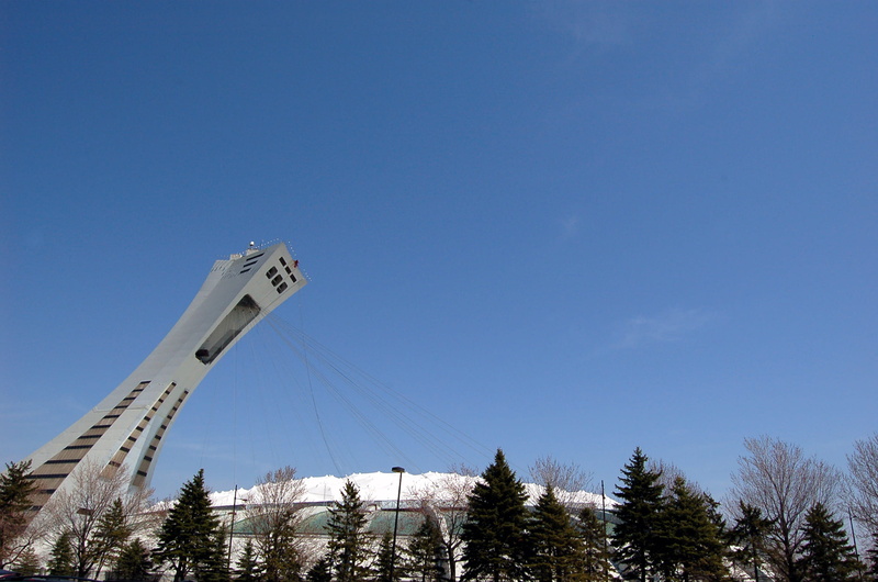 sunny, plant, nature, pine trees, architecture, stadium, big o, mtl, big sky, built structure, montreal, winter, day, travel, building exterior, clear sky