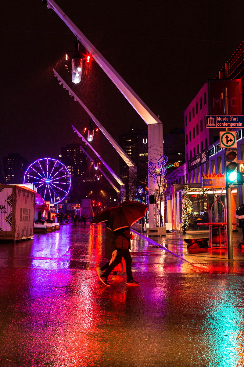 illuminated, men, montreal, winter, full length, canada, place des arts, city life, building exterior, built structure, road, transportation, city, motion