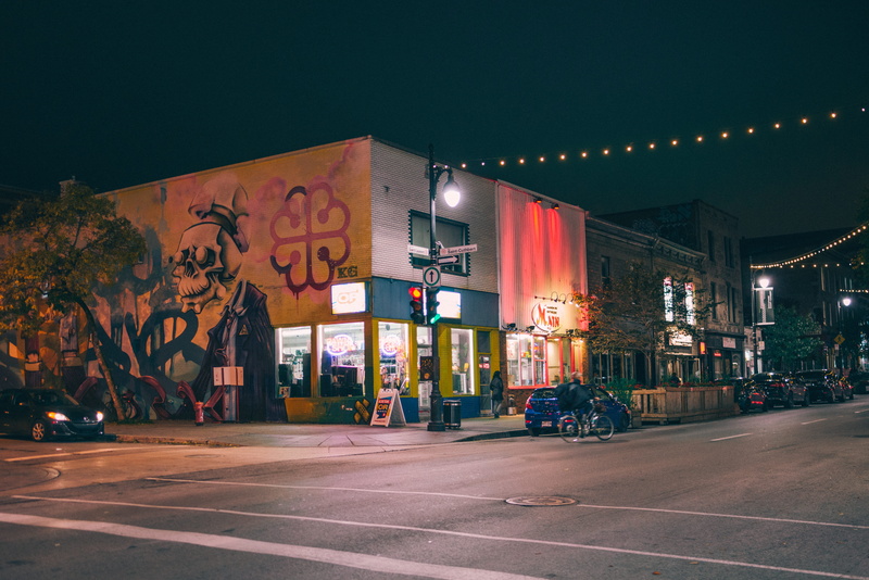 building exterior, graffiti, road, built structure, sign, motor vehicle, car, illuminated, transportation, le plateu, grafitti, sky, 5K, night, nature
