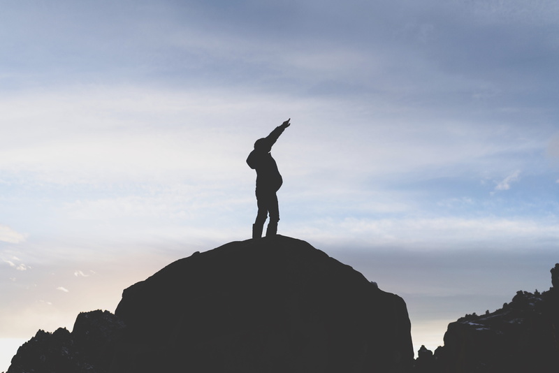 boy, leisure activity, mountain, pointing, rock, cloud - sky, child, terrebonne, lifestyles, smith rock state park, standing, sky, excitement, silhouette