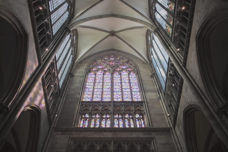 arch, germany, window, building, glass - material, stained glass, built structure, low angle view, pattern, place of worship, cologne, belief, ceiling
