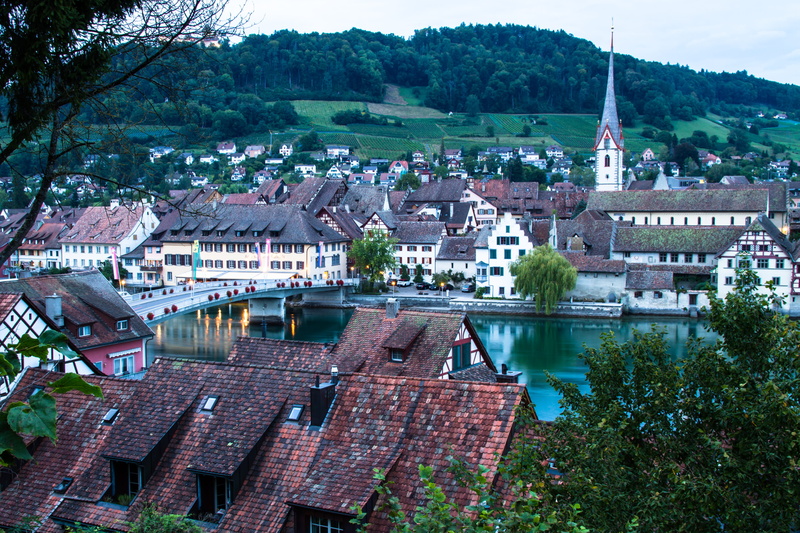 house, evening, 4K, outdoors, rhine, stein am rhein, day, residential district, city, nature, water, roof tile, roofs, tree, high angle view, built structure