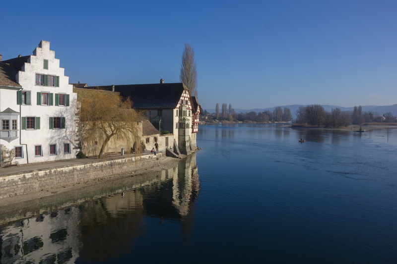 outdoors, winter, waterfront, building, homes, lake, schaffhausen, blue, building exterior, the past, 5K, switzerland, tree, architecture, built structure
