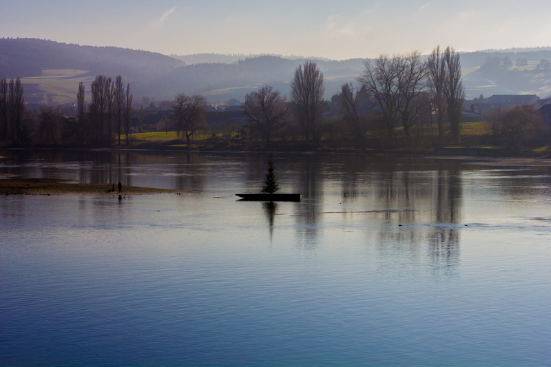 winter, mountain, nautical vessel, tranquility, transportation, mode of transportation, lake, tranquil scene, tree, schaffhausen, non-urban scene, blue sky