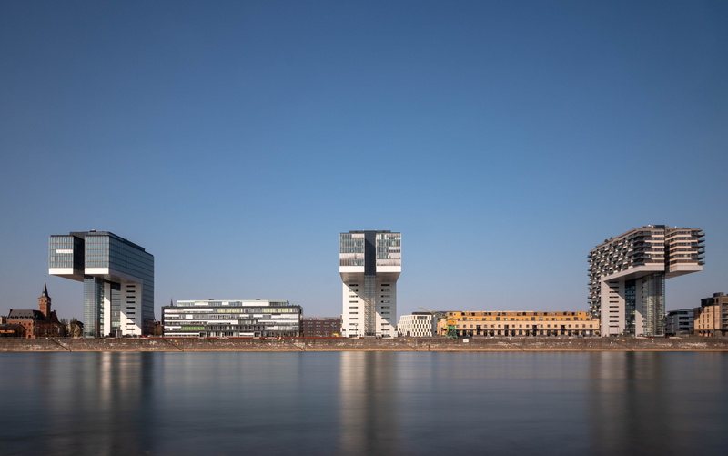 houses, crane homes, clear sky, office building exterior, blue, rhine, travel destinations, city, cologne, outdoors, copy space, nature, architecture, built structure