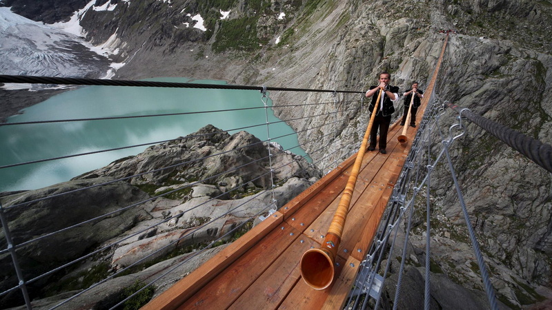 lake, switzerl, horns, players, nature and landscapes, pedestrian, stupendous, cliffs, 1080P, bridge