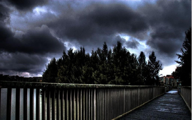 village, bridge, clouds, hdr, river, pedestrian, stormy, trees, nature and landscapes, skies, 1080P