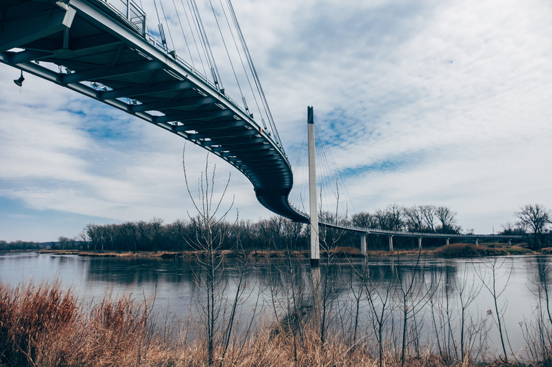 plant, architecture, bob kerrey pedestrian bridge, waterfront, midwest, transportation, biking, pedestrian bridge, water, built structure, connection, omaha