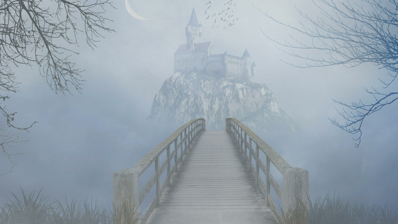 the way forward, moon, tranquil scene, gothic, plant, direction, fantasy art, fog, day, cold temperature, beauty in nature, mystic, digital composite, mist