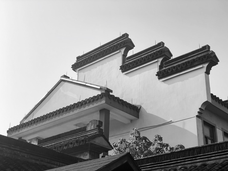 old, religion, architecture, house, graffiti, roof, place of worship, no people, railing, town, low angle view, china, built structure, spirituality, clear sky
