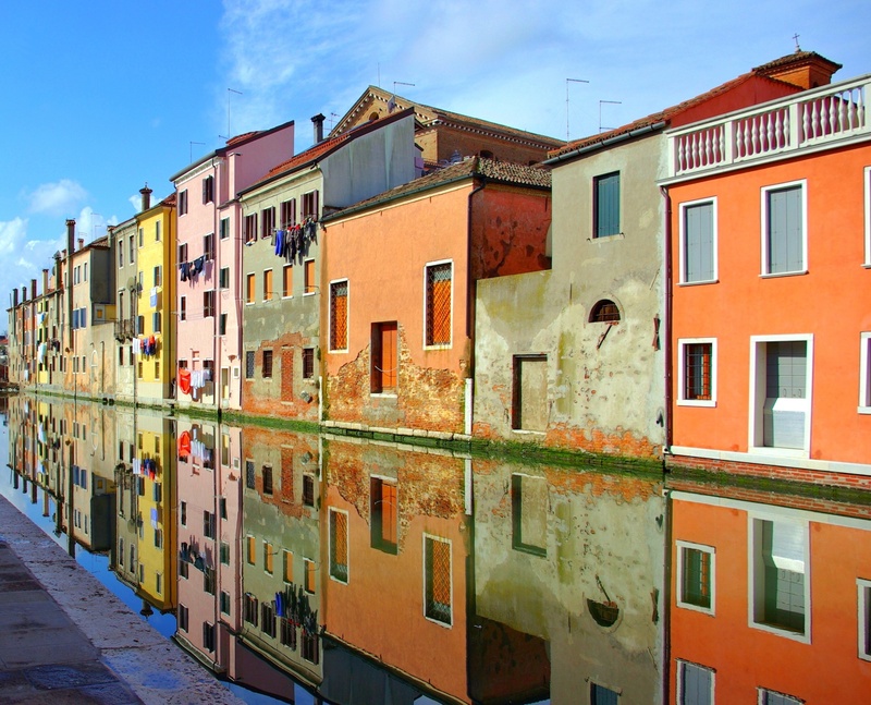 sunlight, no people, old houses, multi colored, cityscape, buildings, cloud - sky, chioggia, architecture, reflection, row house, nature, window, photography