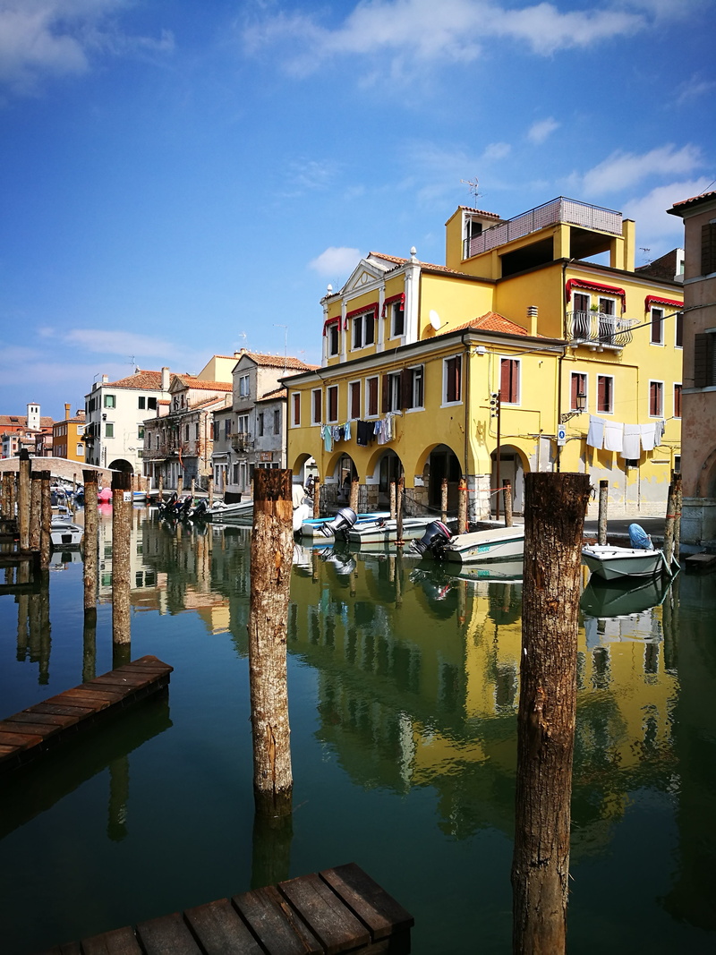 no people, outdoors, water, ship, nature, canal, wooden post, 4K, waterfront, building exterior, sky, reflection, chioggia, architecture, building, italy