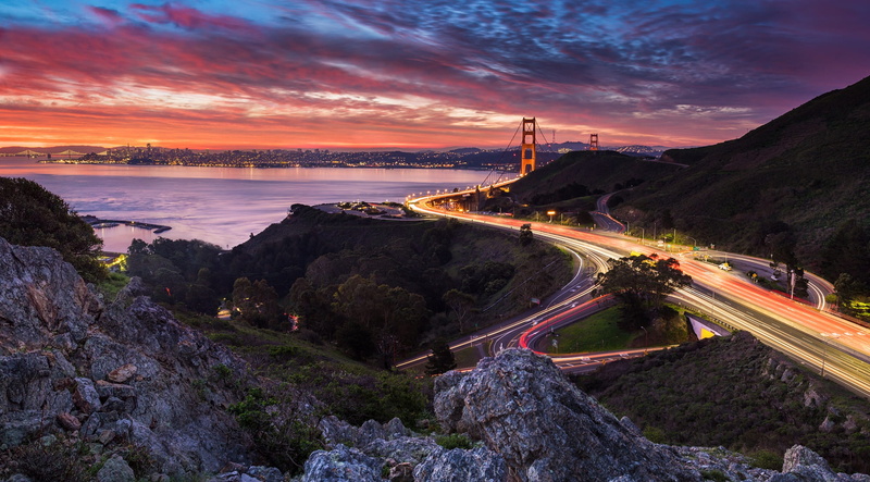 rocks, 1080P, landscape, lighting, mountains, bridge, the city, USA, the evening, Bank, Bay, San Francisco