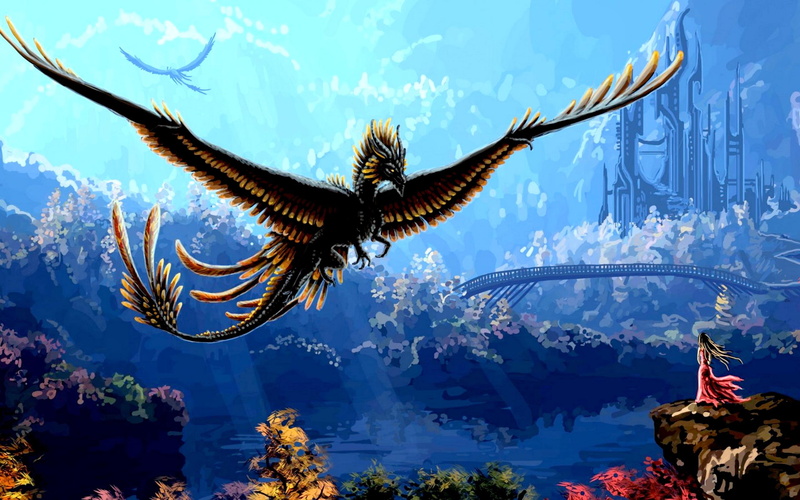 dragon, fantasy, wings, leaves, water, 3d and abstract, dress, illustration, bridge, 2K, trees, flight, girl