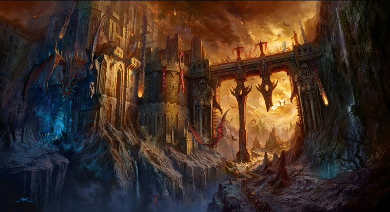 castle, warrior, rock, tower, digital art, bridge, fantasy Art, Flag, fire, 2K, battle, Knights, dragon