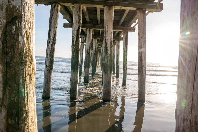 reflection, beach pier, outdoors, pilars, pier, land, united states, wood, sea, no people, wooden post, salt water, wood - material, horizon over water