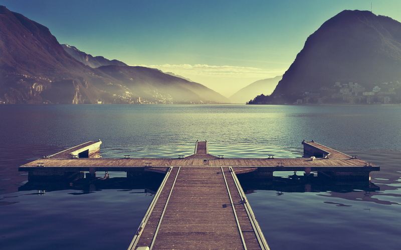 tee, 1080P, mountains, pier, river, mooring, haze