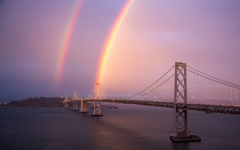 rainbow, san, oakland, nature, francisco, bridge, ocean, suspension, hd, 1080P
