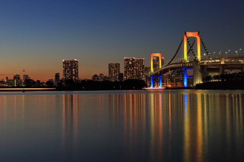 the city, Rainbow Bridge, panorama, 5K, Tokyo, Japan, reflection, bridge