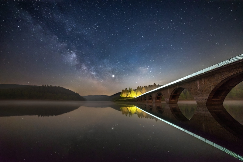 space, star - space, water, fantasy, bridge, night, dark, blue, astronomy, astro, galaxy, tranquil scene, sky, scenics - nature, infinity, road, no people