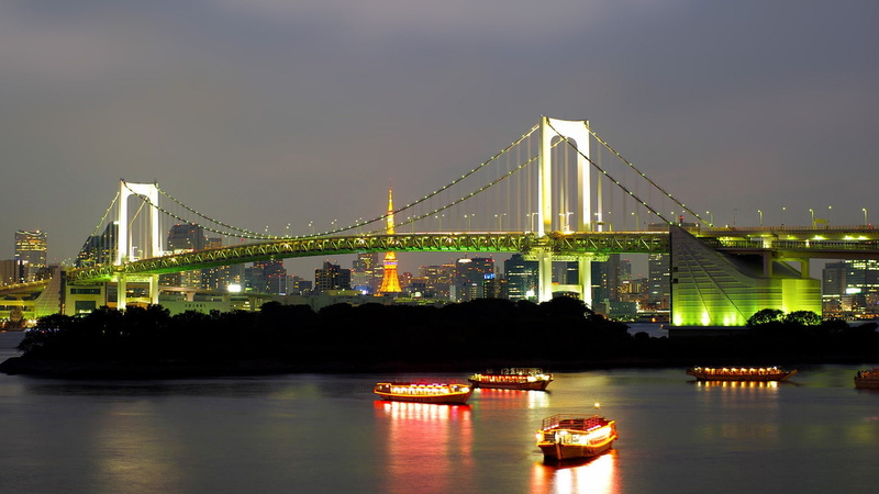 river, travel destinations, city, reflection, water, skyscraper, suspension bridge, modern, outdoors, bridge, no people, Rainbow Bridge, nature, connection
