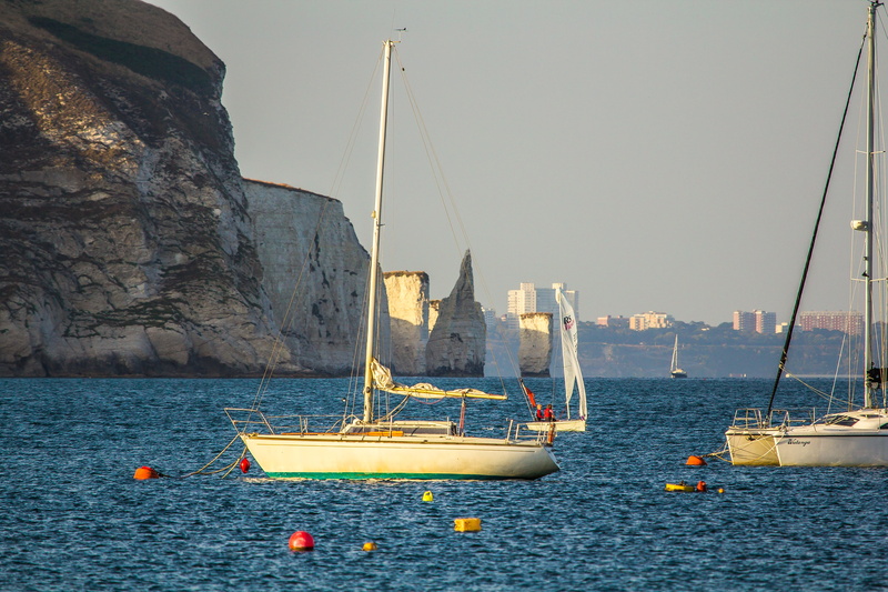 rock, pole, ship, nature, anchored, day, water, sea, transportation, luxury, sailing, swanage bay, clear sky, mast, 5K, yacht, rock - object, mode of transportation