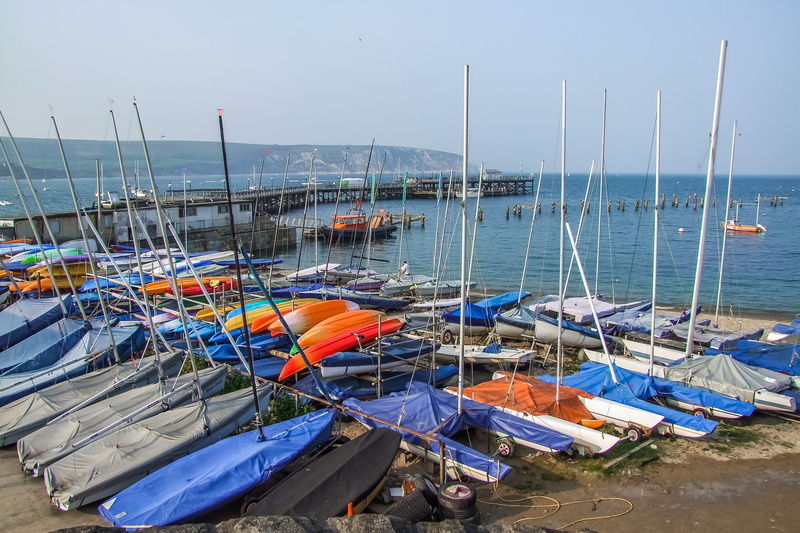 transportation, moored, sea, sailboat, seascape, outdoors, harbor, no people, england, dorset, 5K, swanage bay, port, mode of transportation, pole, water