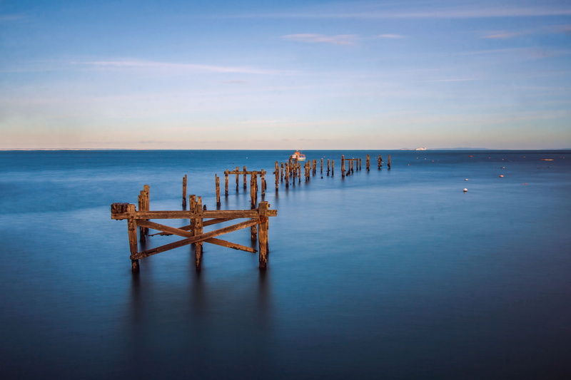 beauty in nature, old pier, body, post, england, scenics - nature, idyllic, no people, nature, wood - material, sunset, tranquility, beach, horizon over water