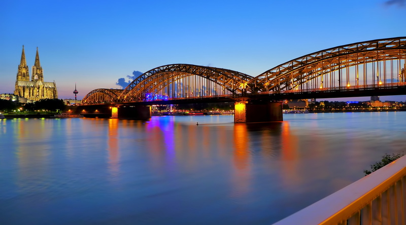 cologne, suspension, river, transportation, 4K, shore, kennedy, no people, illuminated, city, bridge - man made structure, dusk, architecture, building exterior