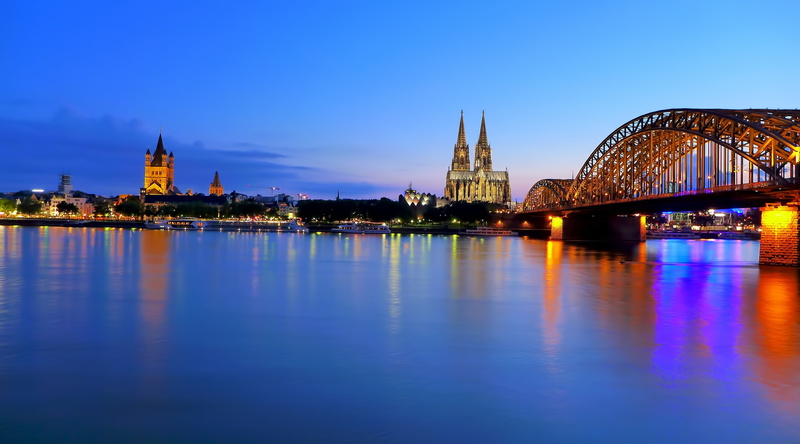 reflection, bridge - man made structure, illuminated, Europe, no people, outdoors, blue, cologne, waterfront, arc, building exterior, bridge, shore, architecture