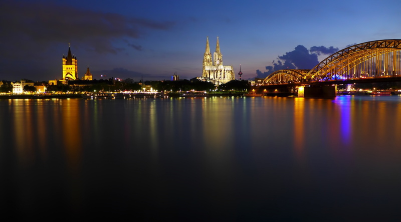 shore, water, cityscape, city, river, cologne, Night, tourism, kennedy, brown, building exterior, office building exterior, Europe, Germany, suspension