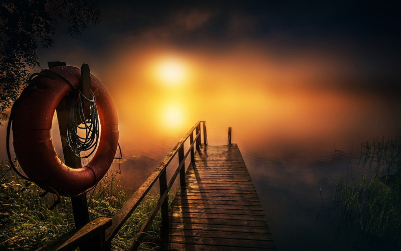 tree, tranquil scene, architecture, yellow, lake, leaves, sunset, rope, wood - material, direction, scenics - nature, mist, connection, nature, plant, 1080P