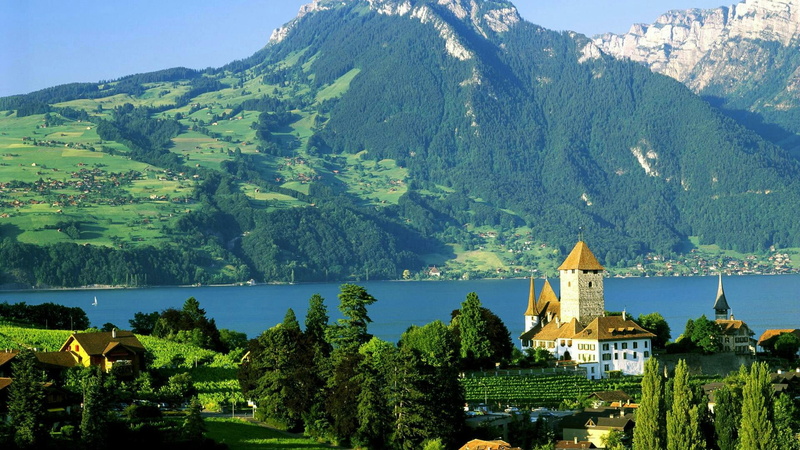 no people, architecture, water, beauty in nature, nature, thunersee, outdoors, sky, religion, lake thun, high angle view, scenics - nature, built structure