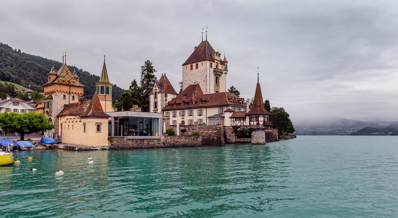 building exterior, place of worship, travel, castle, Lake Thun, architecture, Switzerland, beige, sky, belief, water, lake, house, tourism, 1080P, outdoors