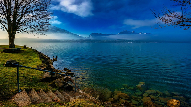 bay, landscape, tranquility, loch, scenics - nature, plant, tree, land, blue, tranquil scene, beach, mountain lake, morning, no people, cloud - sky, stairs