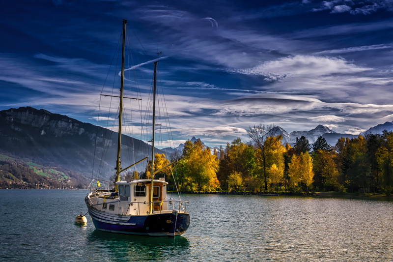 trees, autumn, Thunersee, nature, Lake Thun, Switzerland, boat, 5K, mountains, landscape, shore