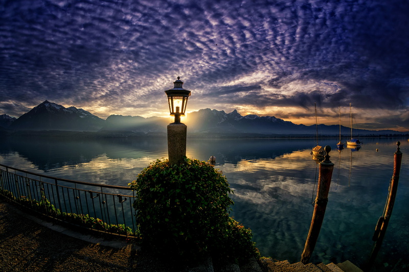 nature, landscape, Thunersee, lantern, mountains, 5K, Switzerland, boats, Lake Thun, sunset
