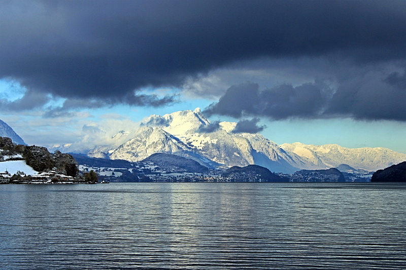 scenics - nature, cold temperature, lake thun, snowcapped mountain, mountain range, atmospheric, sky, mood, landscapes, dark, snow mountains, mountains