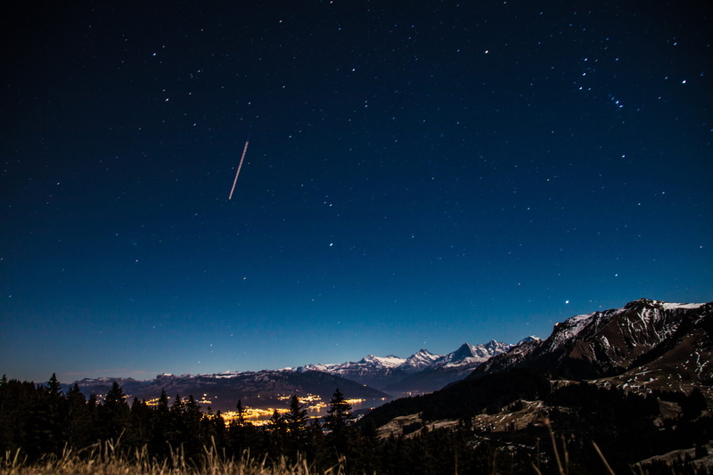 sky, long exposure, winter, galaxy, shooting star, scenics, astronomy, mountain, star, tranquil scene, city, gurnigel, mountain peak, light, tranquility