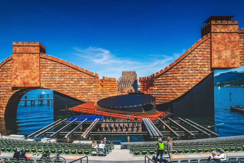lake stage, lake constance, tourism, sunlight, outdoors, nature, crowd, turandot stage, the past, large group of people, stage, theater, clouds, blue, travel destinations