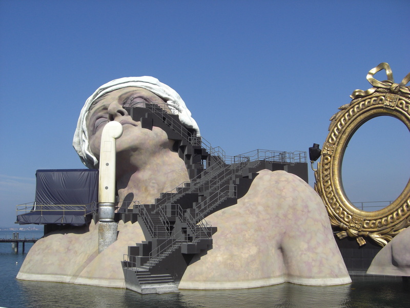 male likeness, copy space, architecture, bregenz, lake, bregenzer festspiele, statue, lake stage, blue, craft, built structure, andré chénier, nature, human representation