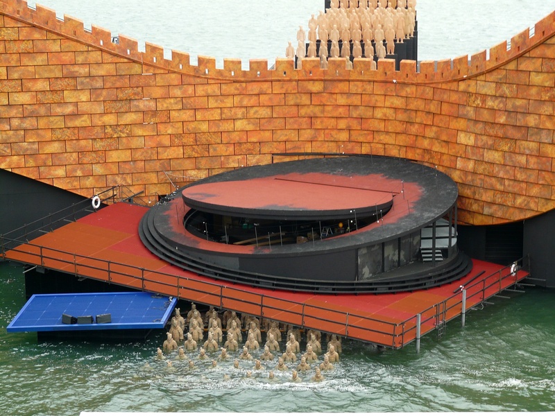 built structure, bregenzer festspiele, architecture, nautical vessel, day, turandot stage, wall, lake stage, building exterior, brick, nature, roof tile