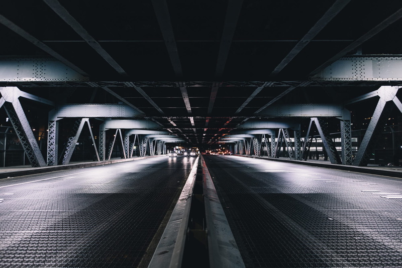 metal, architecture, indoors, built structure, vanishing point, mode of transportation, ceiling, New York City, the way forward, connection, lights, road