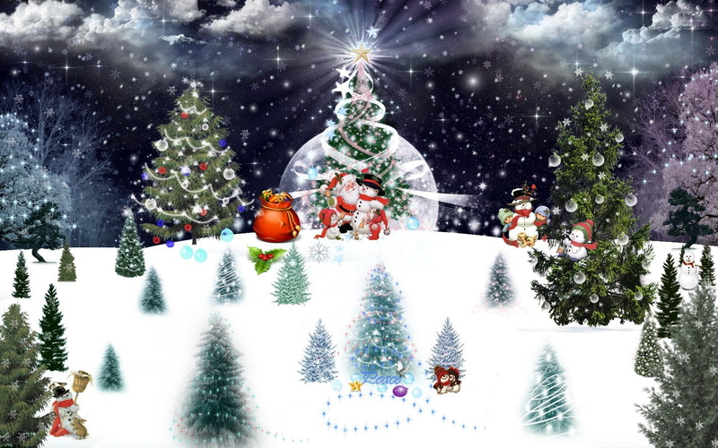stars, santa, winter, snow, s, trees, wonderland, snowflakes, moon, christmas, clouds, 720P