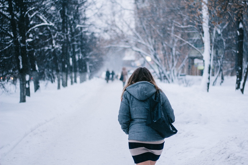 winter, bag, female, girl, outdoors, focus on foreground, adult, rear view, nature, land, coat, extreme weather, footpath, street, snowy, walk, purse, lifestyles
